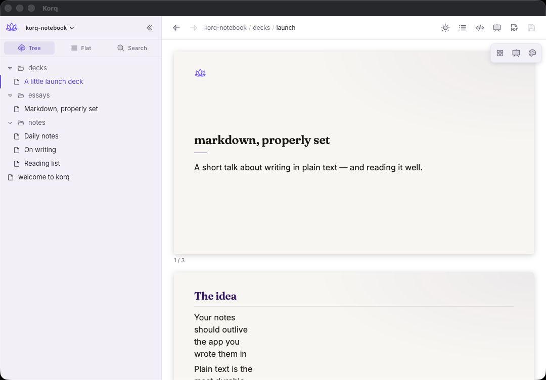 A launch deck previewed as Marp slides in saraswati — a rendered title slide reading “markdown, properly set”, paginated 1 of 3, with the next slide below.