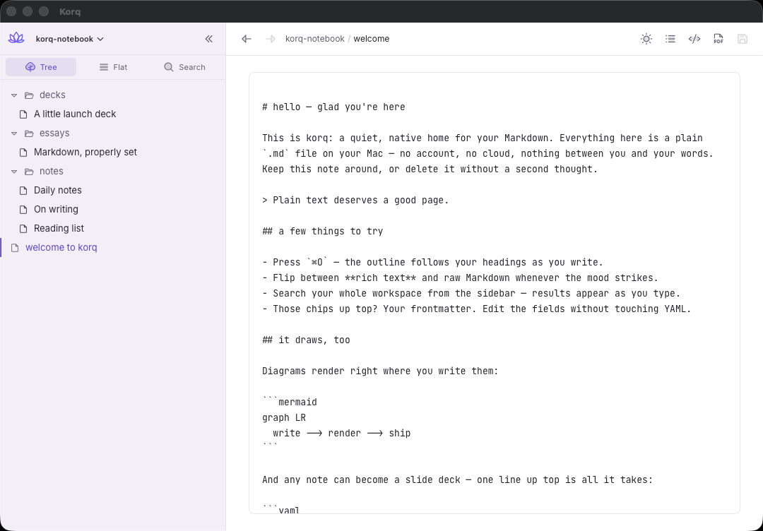 welcome.md in saraswati's raw view — the same welcome page as plain Markdown source in a monospace editor: frontmatter, headings, a quote, and a mermaid code fence.